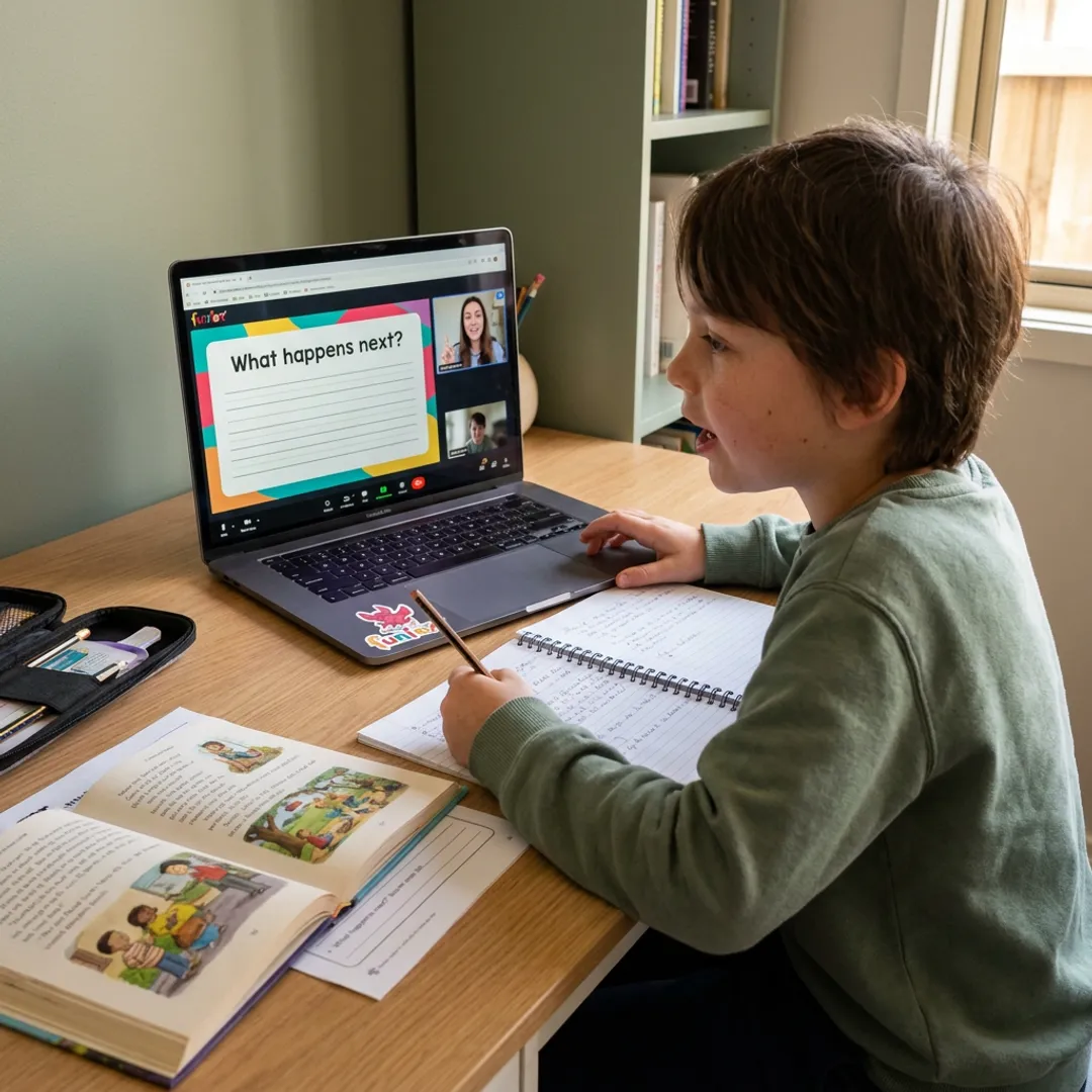 Child joining an online storytelling class at home