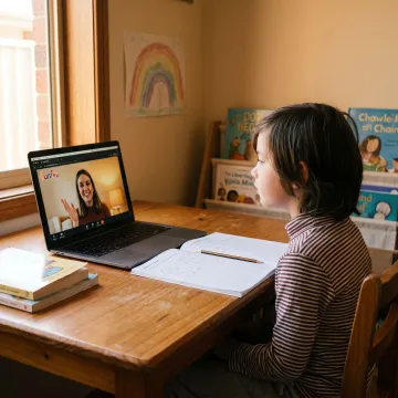 Online tutoring session for a child learning literacy skills