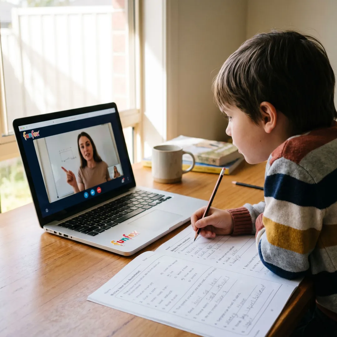 Online tutor helping a student with reading and writing worksheets
