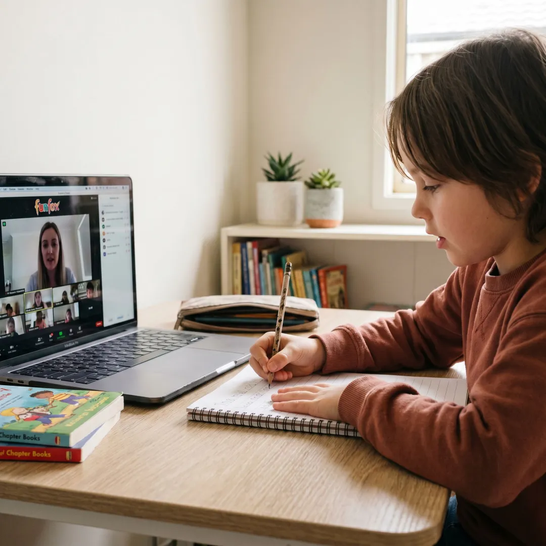 Child learning storytelling in an online writing class