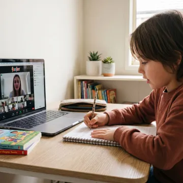 Child learning storytelling in an online writing class