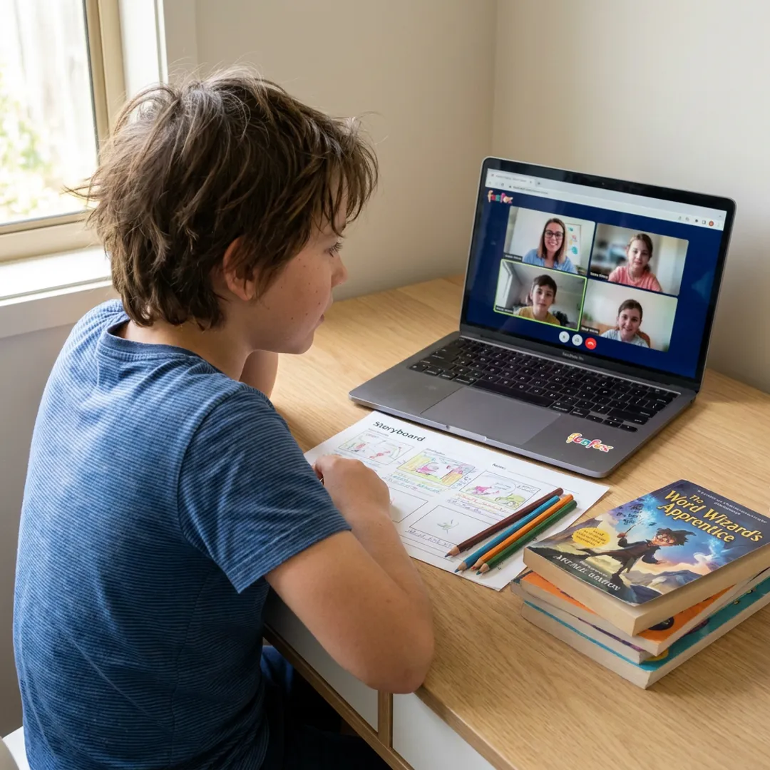 Child learning visual storytelling in an online class