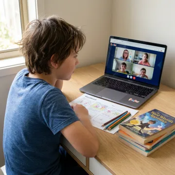 Child learning visual storytelling in an online class