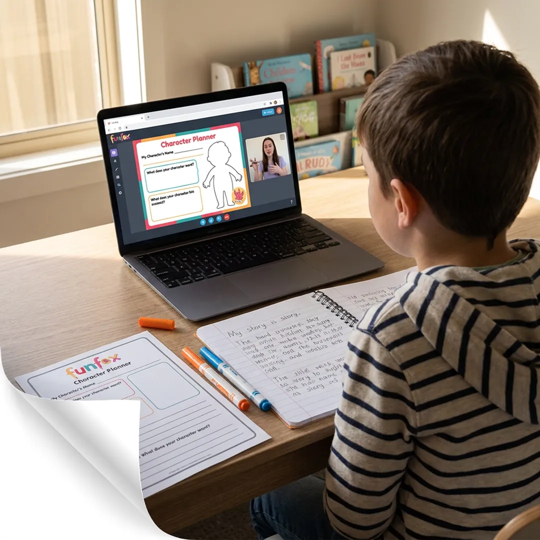 Online teacher guiding a child through storytelling
