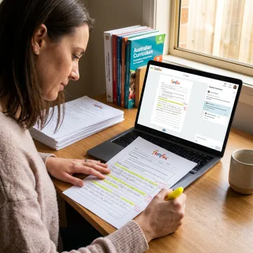 Teacher guiding a student through structured writing steps