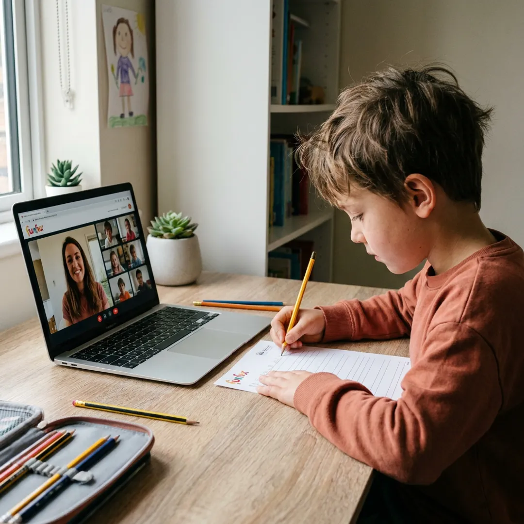 Child learning structured writing in an online class