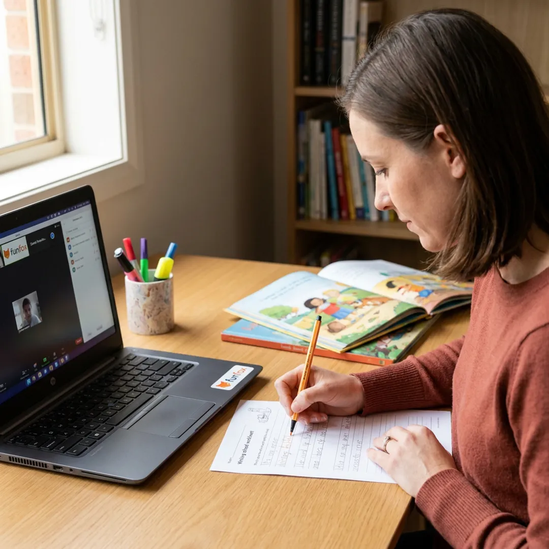 Online tutor reviewing a child’s writing worksheet