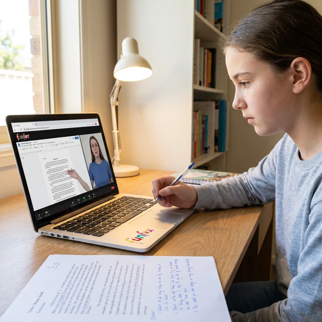 Online tutor reviewing essay writing with Year 7 student