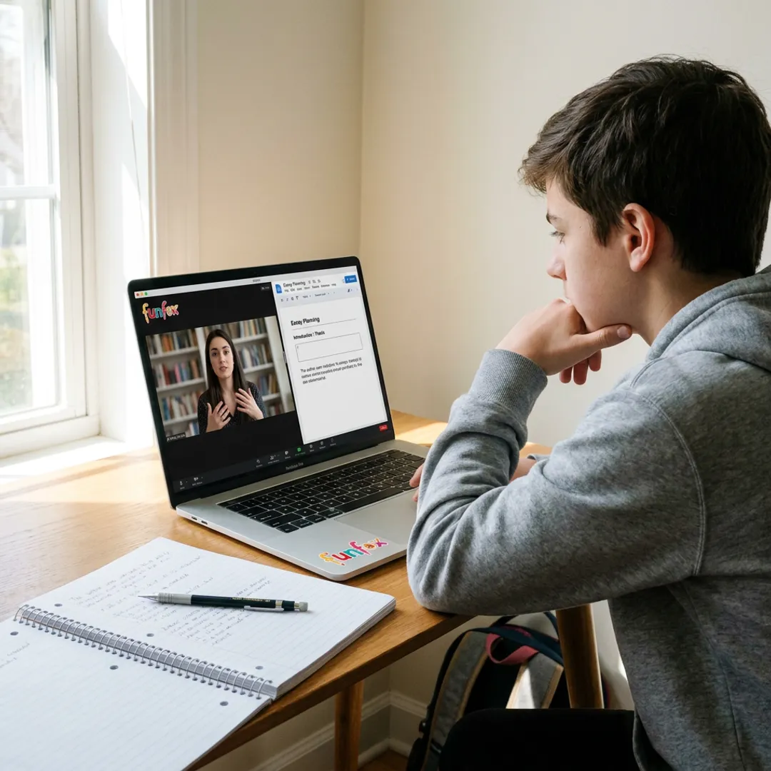 Online English tutor guiding a high school student
