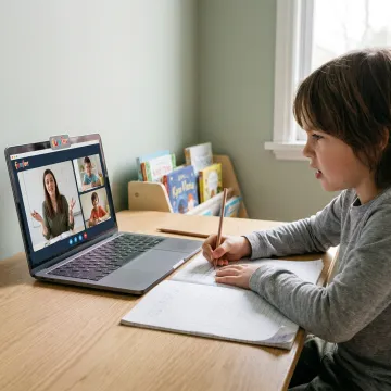 Child attending an online creative writing class