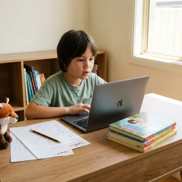Child learning English reading with an online tutor