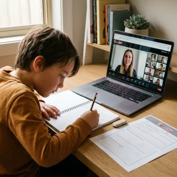 Child joining an online writing class at home