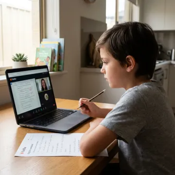 Student receiving online literacy tutoring at home