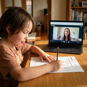 Child completing online tutoring worksheet