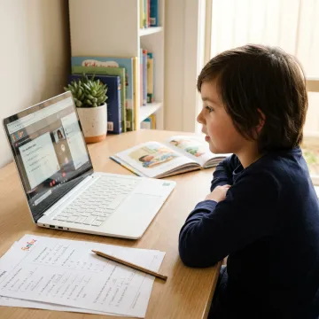 Child attending online reading tutoring at home