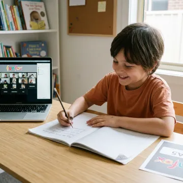 Child participating in an online creative writing tutoring class