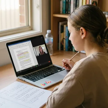 Online English tutor guiding a student through essay feedback