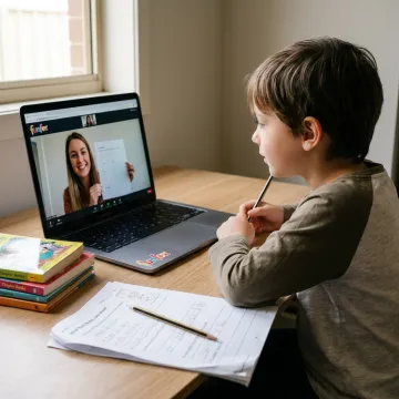 Student attending online English tutoring from home