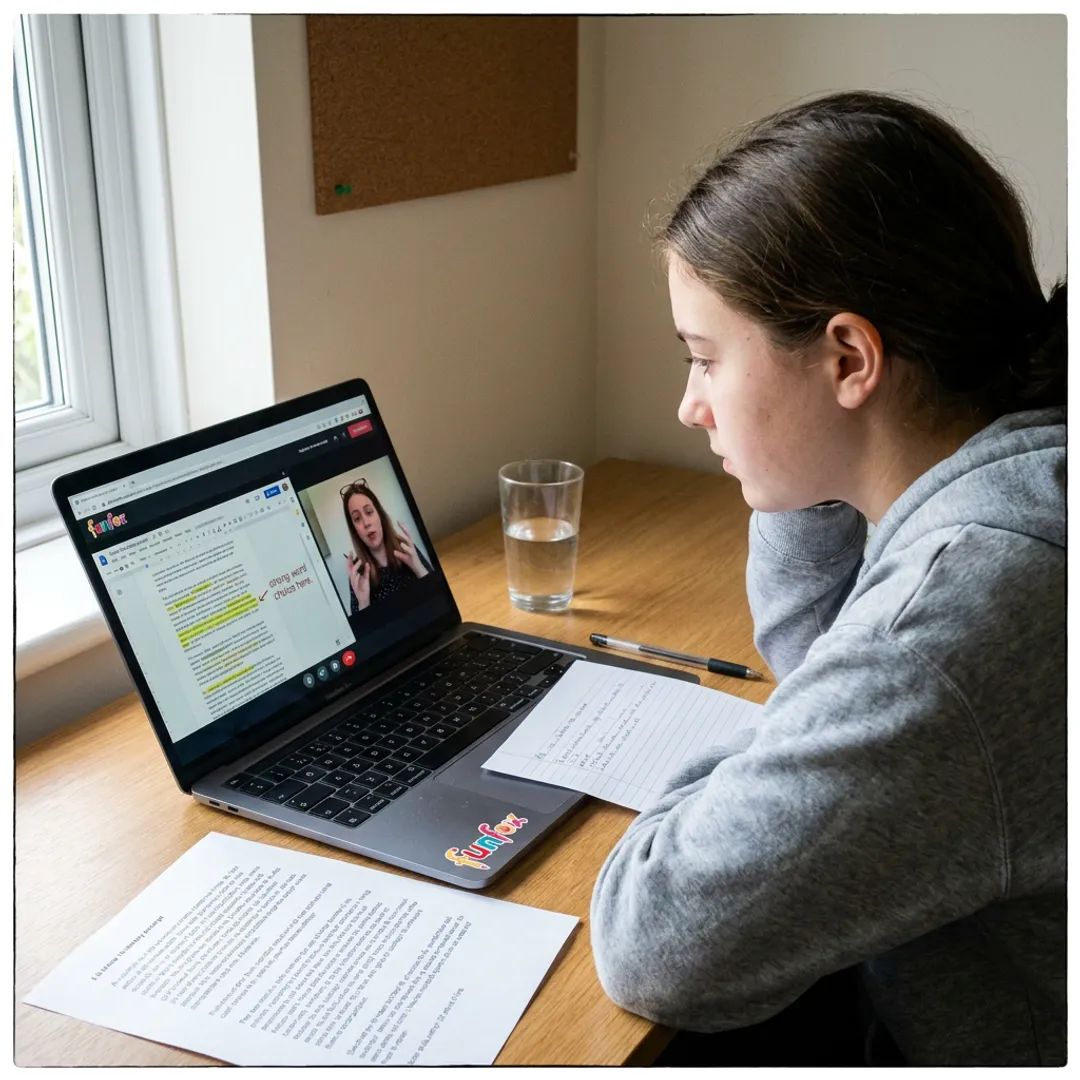 Online English tutoring session with student writing notes