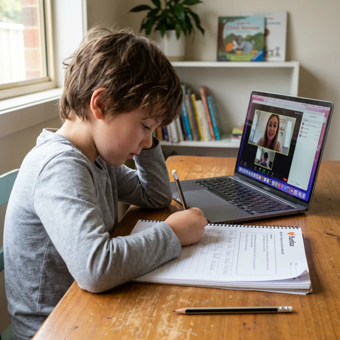 Online literacy tutor guiding a child through reading and writing