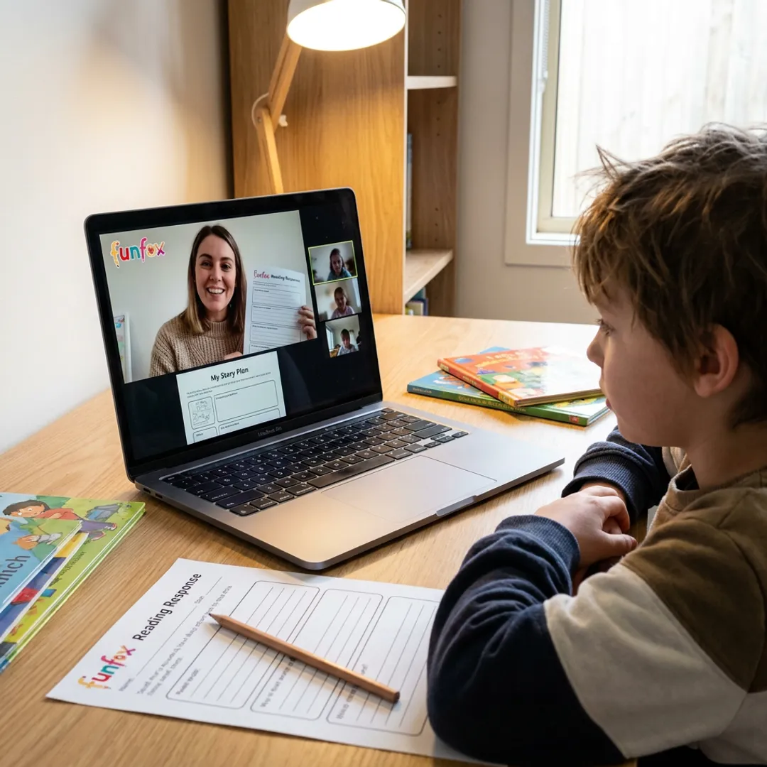 Teacher guiding an online primary tutoring session