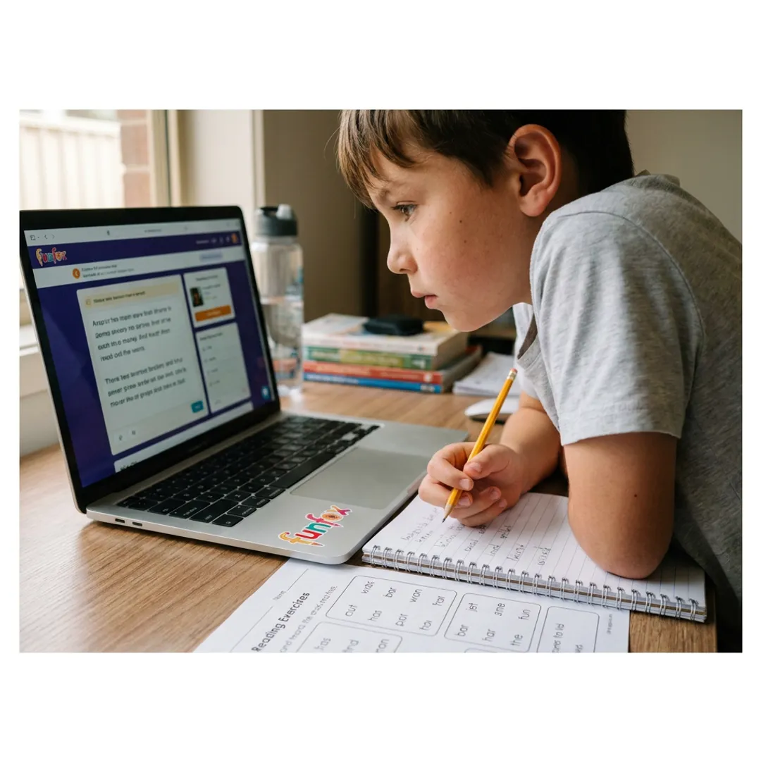 Student attending online English tutoring at home