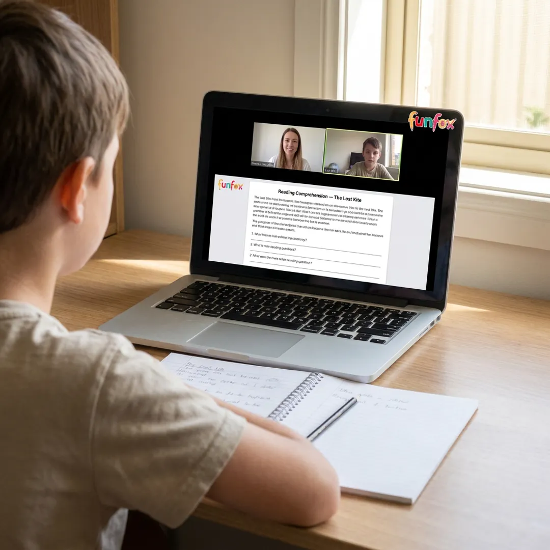 Online English tutor guiding a student through reading and writing work