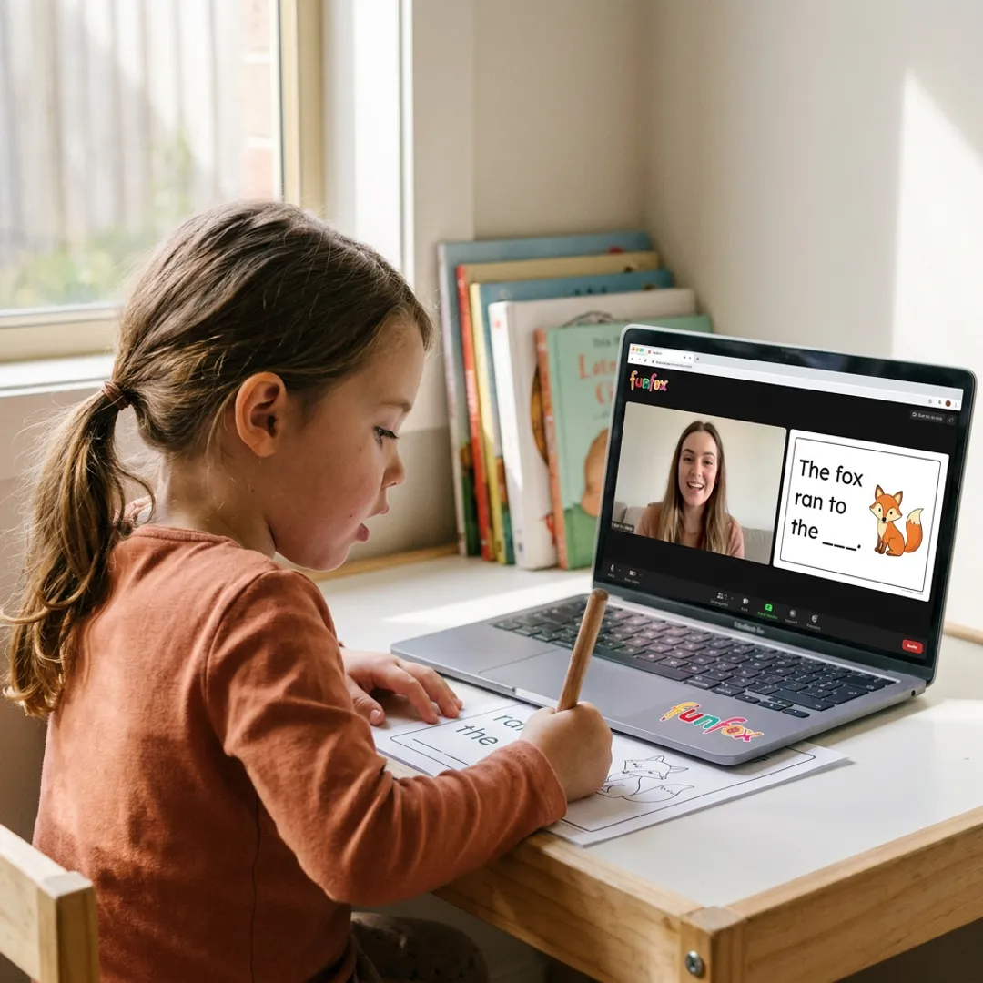 Child learning reading and writing with an online tutor