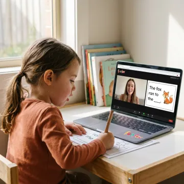 Child learning reading and writing with an online tutor