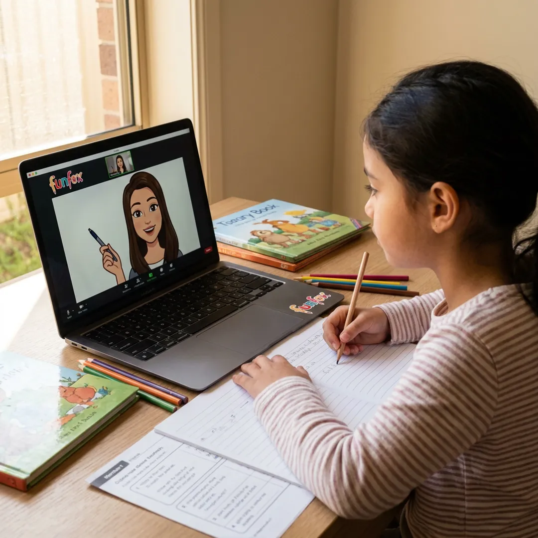 Online tutor guiding a Year 3 student through reading and writing activities