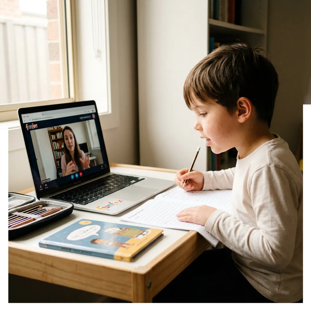 Online tutor teaching a seven-year-old literacy skills