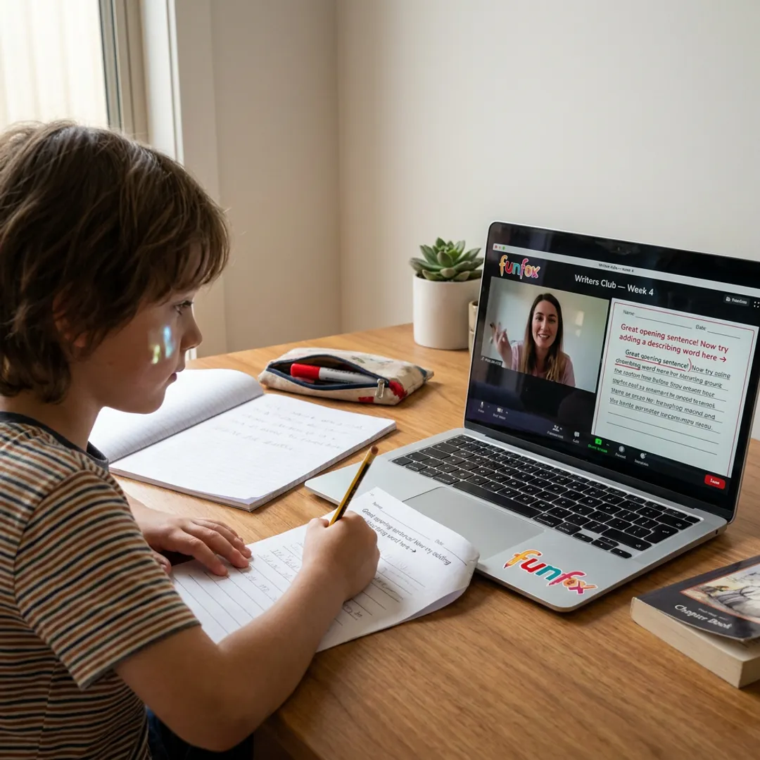 Online writing tutor guiding a student through a worksheet