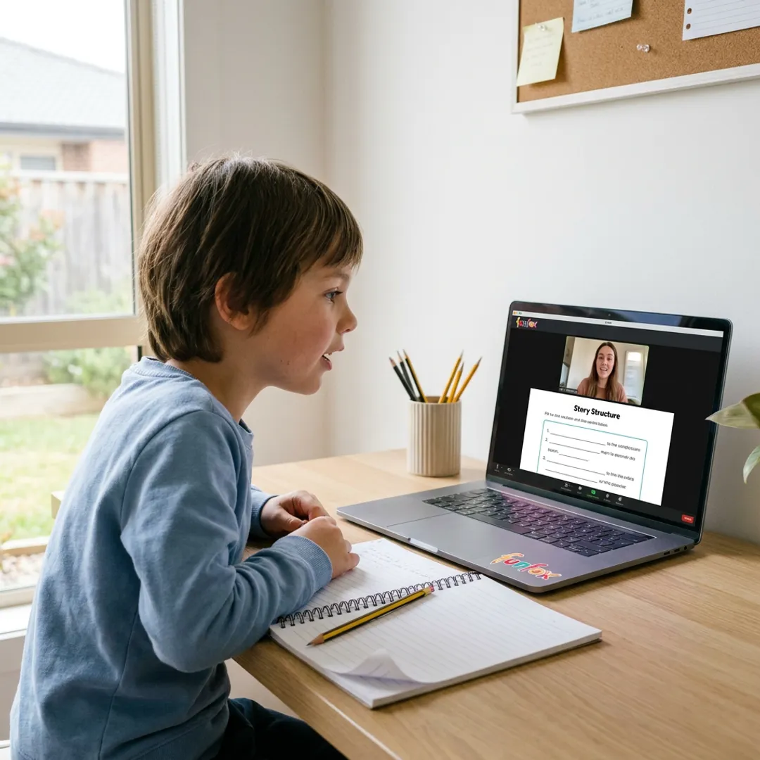 Child participating in an online literacy class