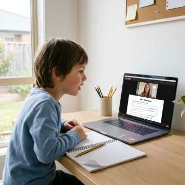 Child participating in an online literacy class