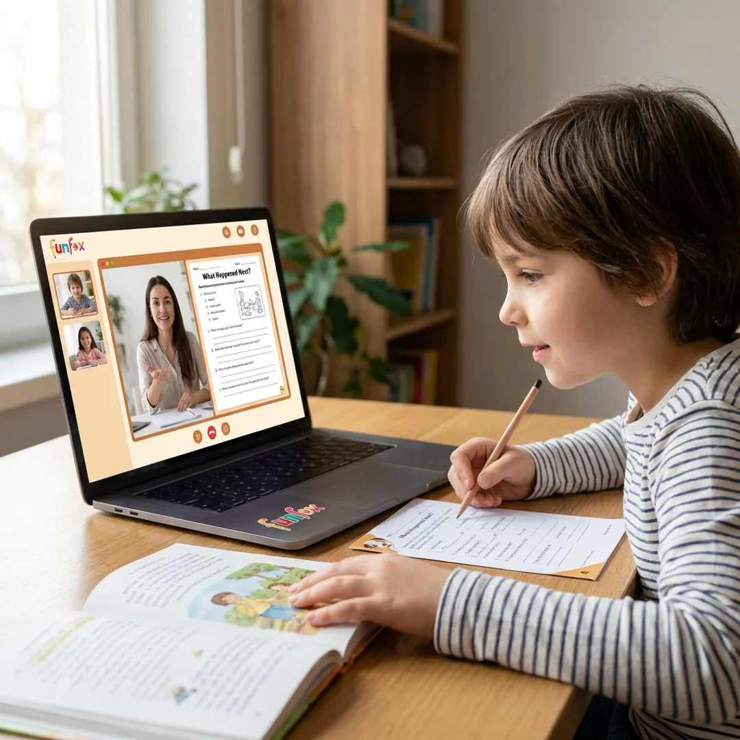 Child learning to read in an online tutoring class
