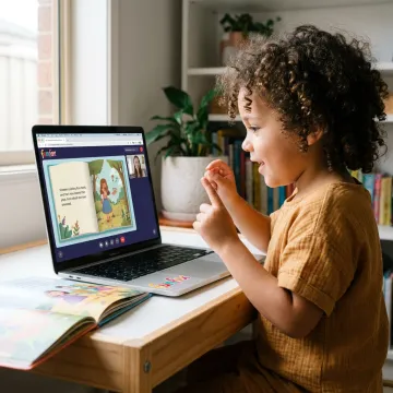 Six-year-old child in an online reading tutoring session