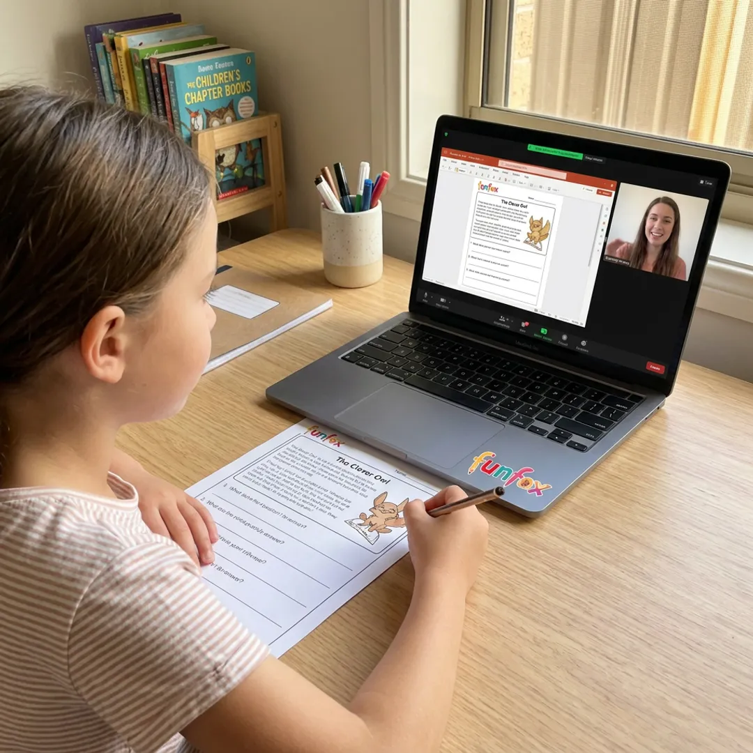 Online reading tutor guiding a child through a lesson