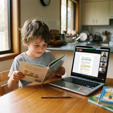 Child participating in online reading tutoring