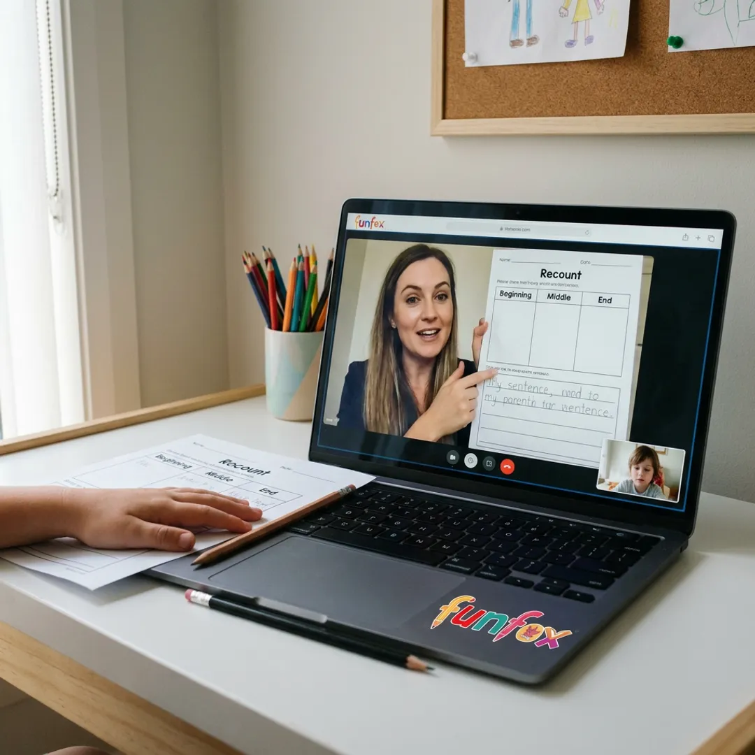 Teacher guiding a child through recount writing online