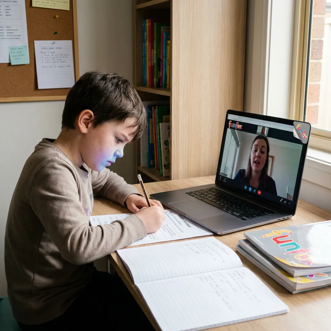 Student completing online English tutoring worksheet