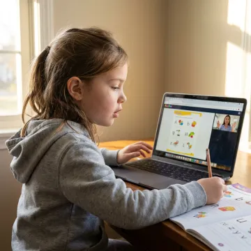 Online literacy tutor helping a young child