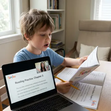 Young child learning to read online with teacher support