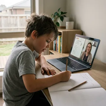 Online tutor helping a child with reading and writing