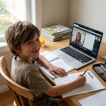 Eight year old child learning with an online tutor