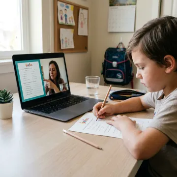 Online writing tutor guiding a primary student