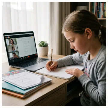 Child attending online English tutoring at home