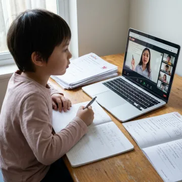 Child joining an online tutoring class from home
