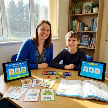 Dyslexia tutor teaching reading strategies to student using multi-sensory materials