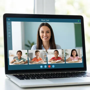 Teacher providing personalized reading instruction to small group of students online