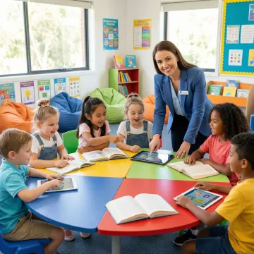 Teacher guiding small group of students through interactive reading lesson